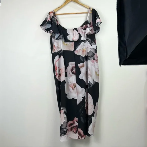 City Chic Cold Shoulder Dress Black Austin Floral Rose Draped Plus Size M 18 - Picture 7 of 15